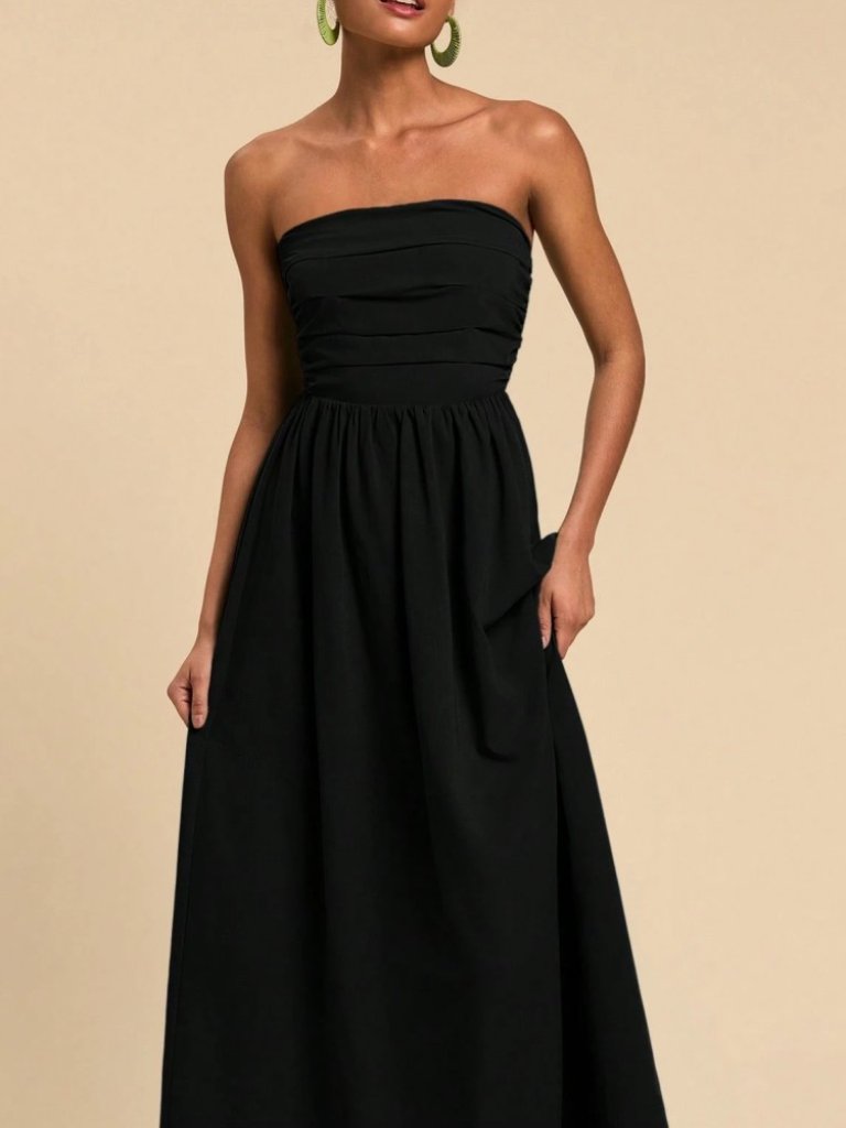 Black Strapless Midi Dress With Ruched Bodice